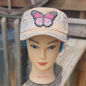 Ladies Khaki Butterfly BLING Hat NEW
